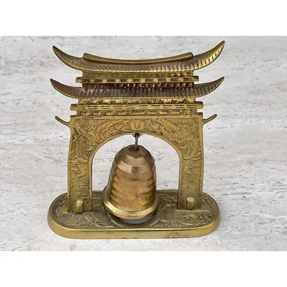 Brass Japanese Inspired Temple Bell Hammer & Gong Ornate Vintage Cross Striker - Picture 4 of 11